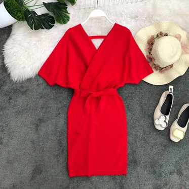 sweater dress Осеннее вязаное платье, корейское трикотажное платье-свитер, женское облегающее сексуальное платье с глубоким v-образным вырезом, элегантные вечерние платья, Vestidos, одежда короткая - Цвет: sweater dress