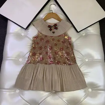 

Y6178 Custom high-end girls dress new collar bow letter sequin stitching pleated dress Boutique children's clothing