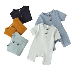 Vêtements d'été pour bébés garçons, barboteuse côtelée solide, combinaison à manches courtes pour filles, tricot élégant, combinaison de soleil en coton pour nouveau né 