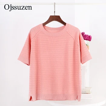 

Blue Pink Green Ladies Loose Elasticity Jumper Cool Summer Women Sweaters Knitted O Neck Basic Short Sleeve Female Top Clothing