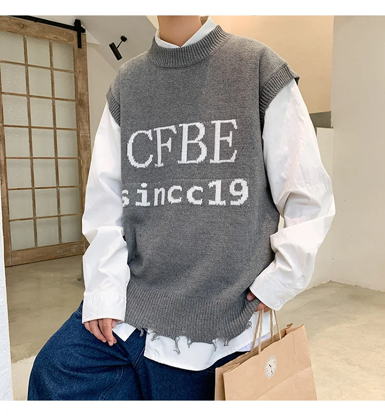 Winter Ins Sleeveless Sweater Vest Male Chic Korean Trend Vest Jacket Students Loose Knitted Letter Embroidery Male Sweater