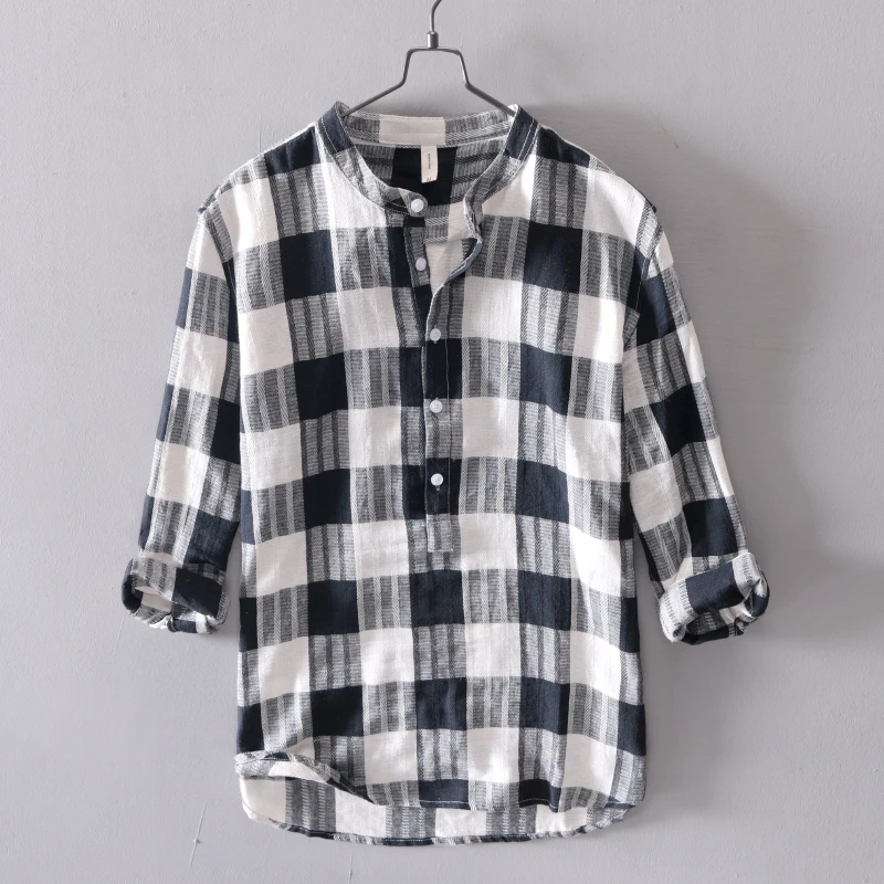 

2019 Men's casual plaid shirt brand long sleeve linen men shirt spring casual plaid shirts men fashion tops camisa chemise