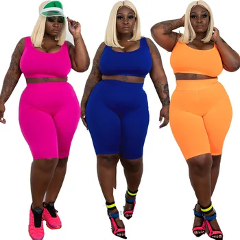 

Plus Size 2 Piece Set Women Summer 2020 Sexy Sleeveless Solid Crop Top + Biker Shorts Two Piece Outfits Casual Joggers Suit Sets