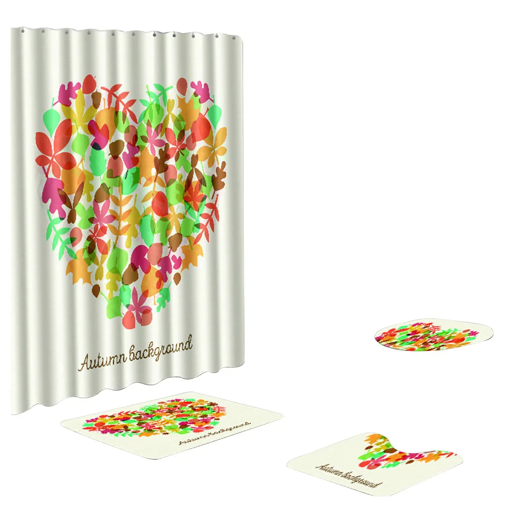 

4 Pcs Different Style Love Heart Shape Pattern Non Slip Toilet Polyester Cover Mat Set Bathroom Accessories Shower Curtain Set