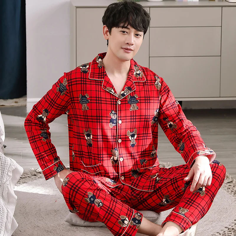 Men's Pajama Sets New Autumn Winter Men Sleepwear Set Long Sleeve Cotton Pajamas for Christmas Red China | Мужская одежда