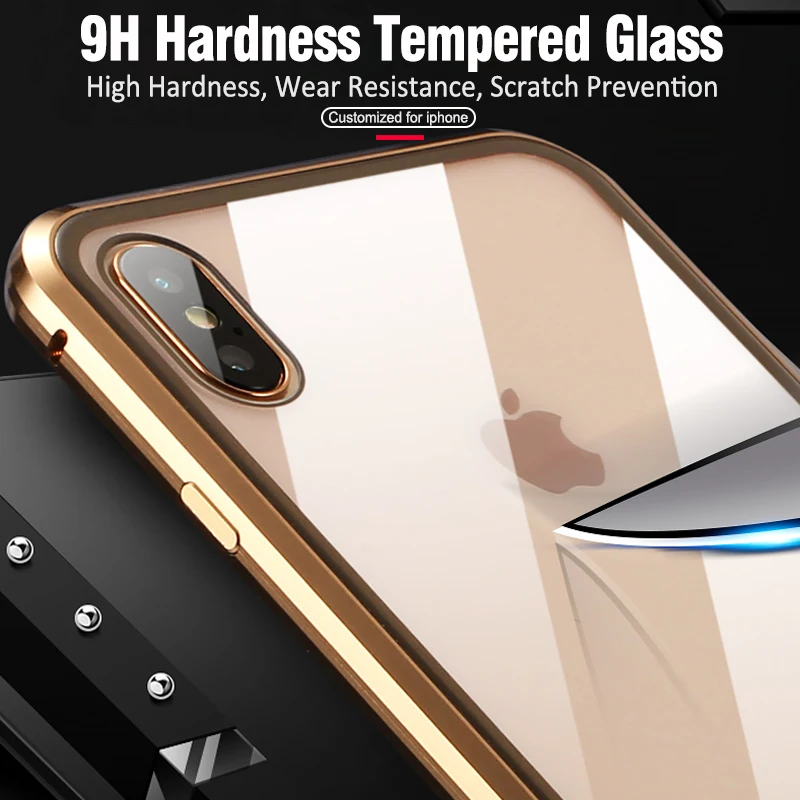 10 шт. металлический магнитный адсорбционный чехол для iPhone 11 Pro Xr Xs Max 6 6s 7 8 Plus, чехол из закаленного стекла с магнитом на заднюю панель