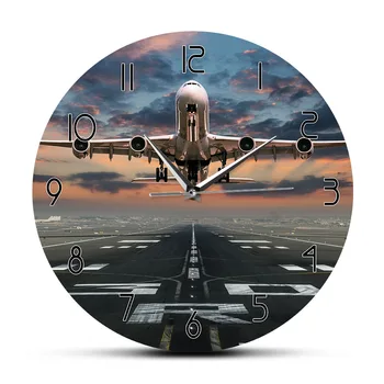 

Airplane Taking Off Aviation Pilot Wall Clock Sunset Airplane Lawn Airport Aircraft Artwork Aviator Home Decor Silent Wall Watch