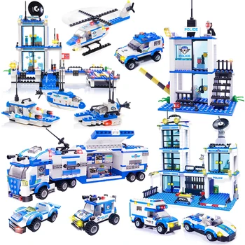 

City Police Station SWAT Truck Car Building Blocks Compatible Police City Helicopter Boat Bricks Toys for Children