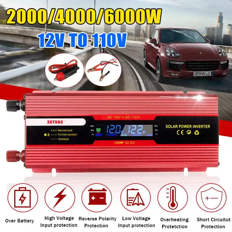 

Car Inverter 2000W/4000W/6000W power inverter Modified Sine Wave DC 12V to AC 110V Solar USB LCD display Car Transformer Convert