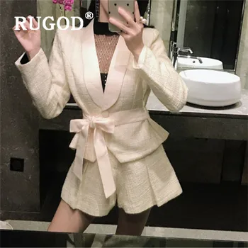 

RUGOD New Korean Style V-neck Bow-knot Belt Empire Bright Silk Tweed Crop Jacket Shorts 2 Piece Set Women Fashion 2019