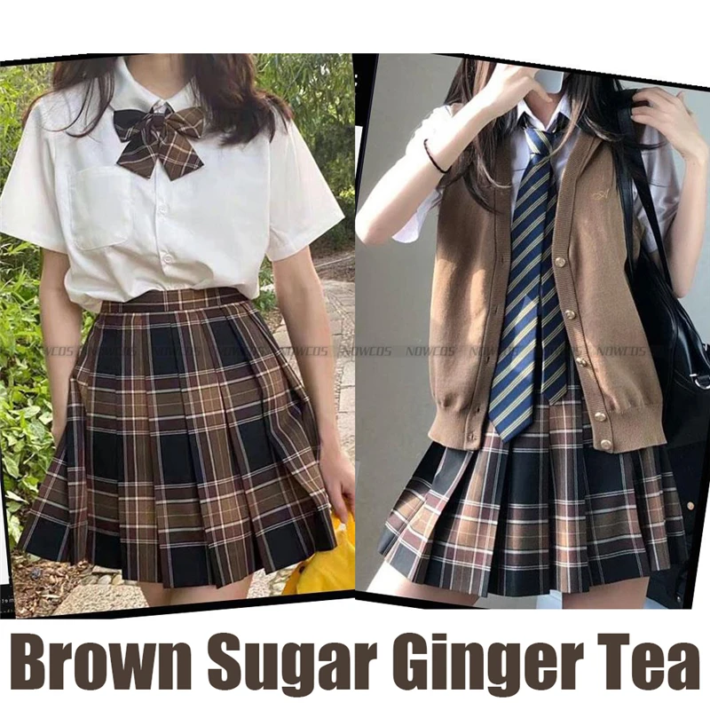 [Brown Sugar Ginger Tea] Women JK School Uniform Long/Short Sleeve Summer High Waist Plaid Pleated Skirts Students Girls Clothes