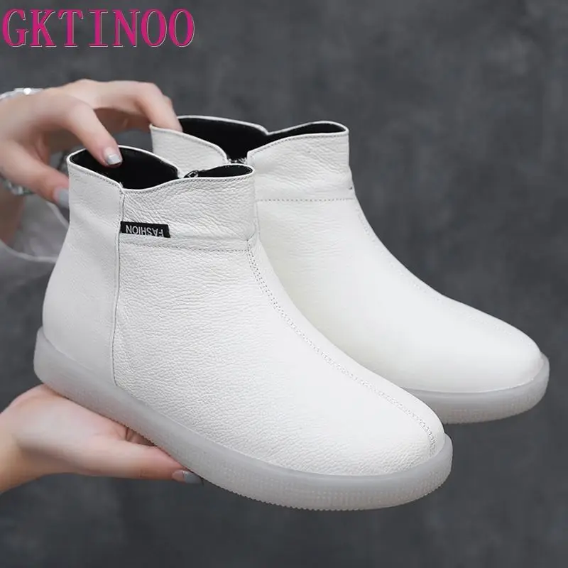 GKTINOO Genuine Cow Leather Women Ankle Boots Plush Warm White