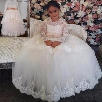 

Long Sleeve Tiered Flower Girl Dresses A Line Jewel Lace Applique Girls Pageant Dresses With Beaded Sash For Wedding Party