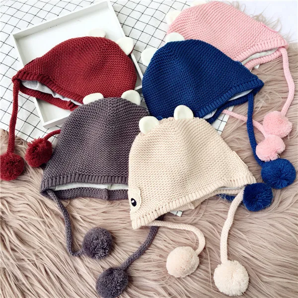 Детские шапочки Skullies Beanies для мальчиков и девочек, зимняя однотонная шапка с мультяшным медведем и помпонами, теплые эластичные модные аксессуары