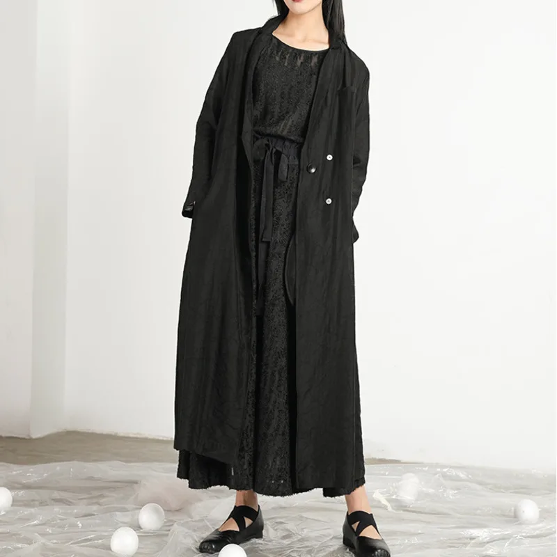 

[EWQ] 2020 Autumn New Pattern Office Lady Style Nine Sleeve Long Bank Split Irregular Striped Tassel Lapel Collar Coat AF844