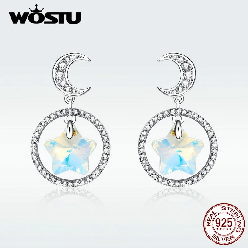 

WOSTU Authentic 100% 915 Sterling Silver Colorful Moon Pentagram Earrings 2019 New Hot Sale Drop Earrings For Women DXE717