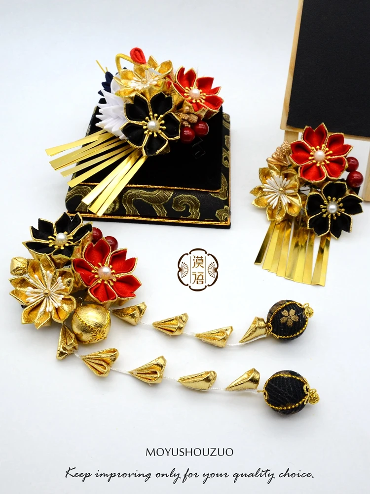 Goede Handgemaakte Haarspeld Cosplay Accessoires Kanzashi Sakura Bloem Kwastje Tsumami Zaiku Kimono Hanfu Vrouwen Lolita Haar Clip Goud