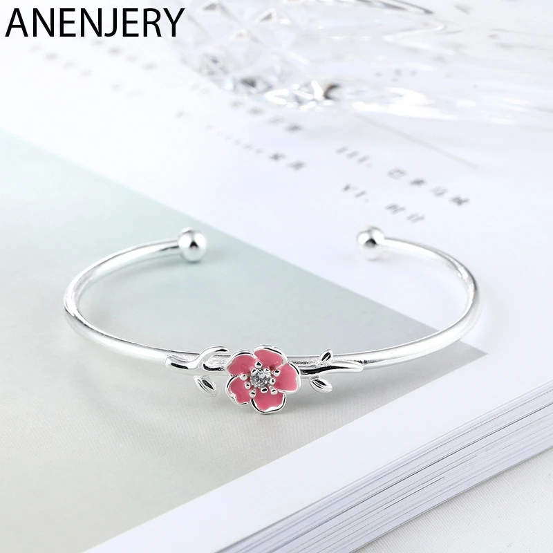 ANENJERY, нежный розовый браслет с цветками вишни, 925 пробы, серебряный, капля, глазурь, открытая манжета, браслет для женщин, ювелирное изделие, S-B278