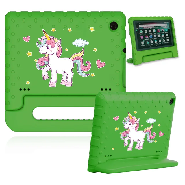 Cute Cartoon Kids Cover for Fire 7 (5th 7th 9th Gen)/HD 8 Tablet Handle Stand Funda Case for Fire HD 8 Plus (10th Gen 2020) 12.green case-white