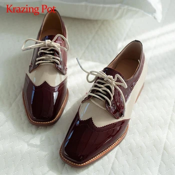 

Krazing Pot new british school genuine leather mixed colors design square toe thick med heel lace up beauty lady women pumps L86