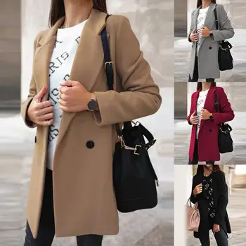 

Women Autumn Winter Fashion Wide Lapel Double-line Buttons Warm Coat Outwear