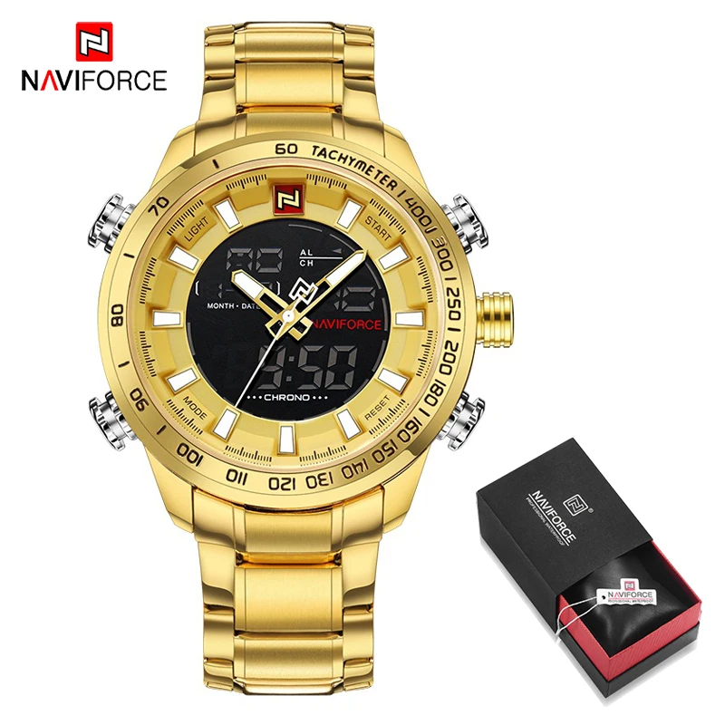 NAVIFORCE Топ люксовый бренд Мужские часы Мужская военная одежда светодиодный, аналоговый, цифровой наручные часы Мужские кварцевые наручные часы Masculino - Цвет: Gold in Box