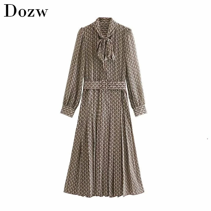 

Women Elegant Long Dress With Belt Chain Print Bow Tie Neck Office Lady Shirt Dress Puff Long Sleeve Pleated Dress Vestidos
