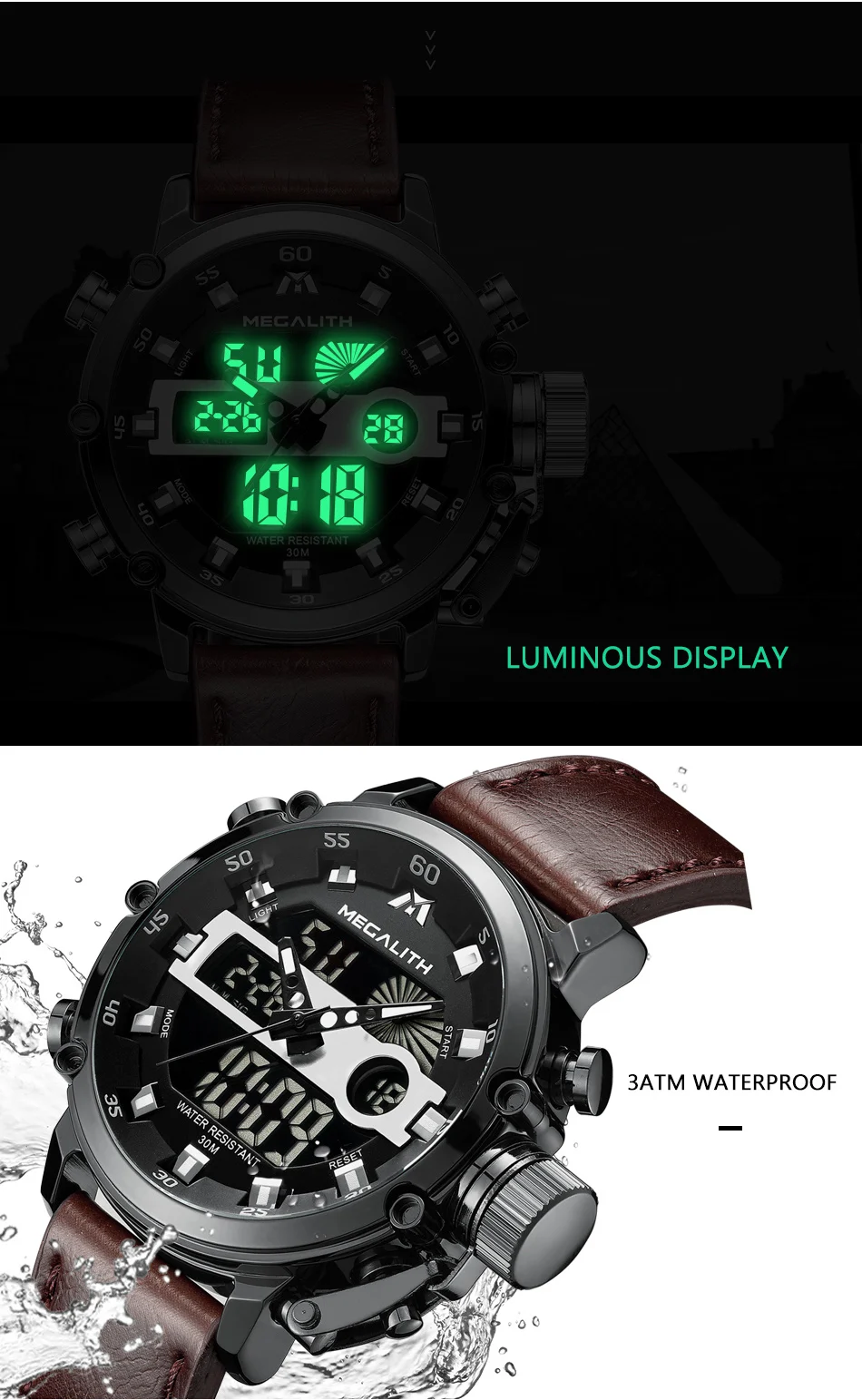MEGALITH Men Sports Quartz Watch Men Multifunction Waterproof Luminous Wristwatch Men Dual Dispay Clock Horloges Mannen With Box