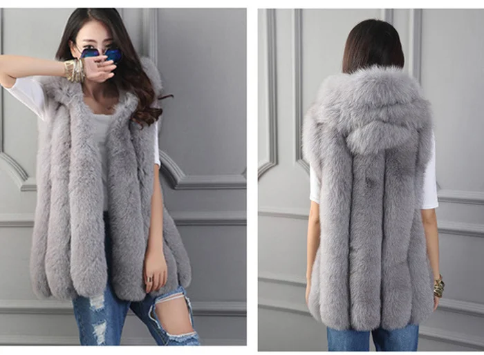 Новинка, меховой жилет, шуба из искусственного лисьего меха, жилет с капюшоном, вертикальная полоска, жилет средней длины, Женское зимнее пальто, верхняя одежда, Casaco Feminino