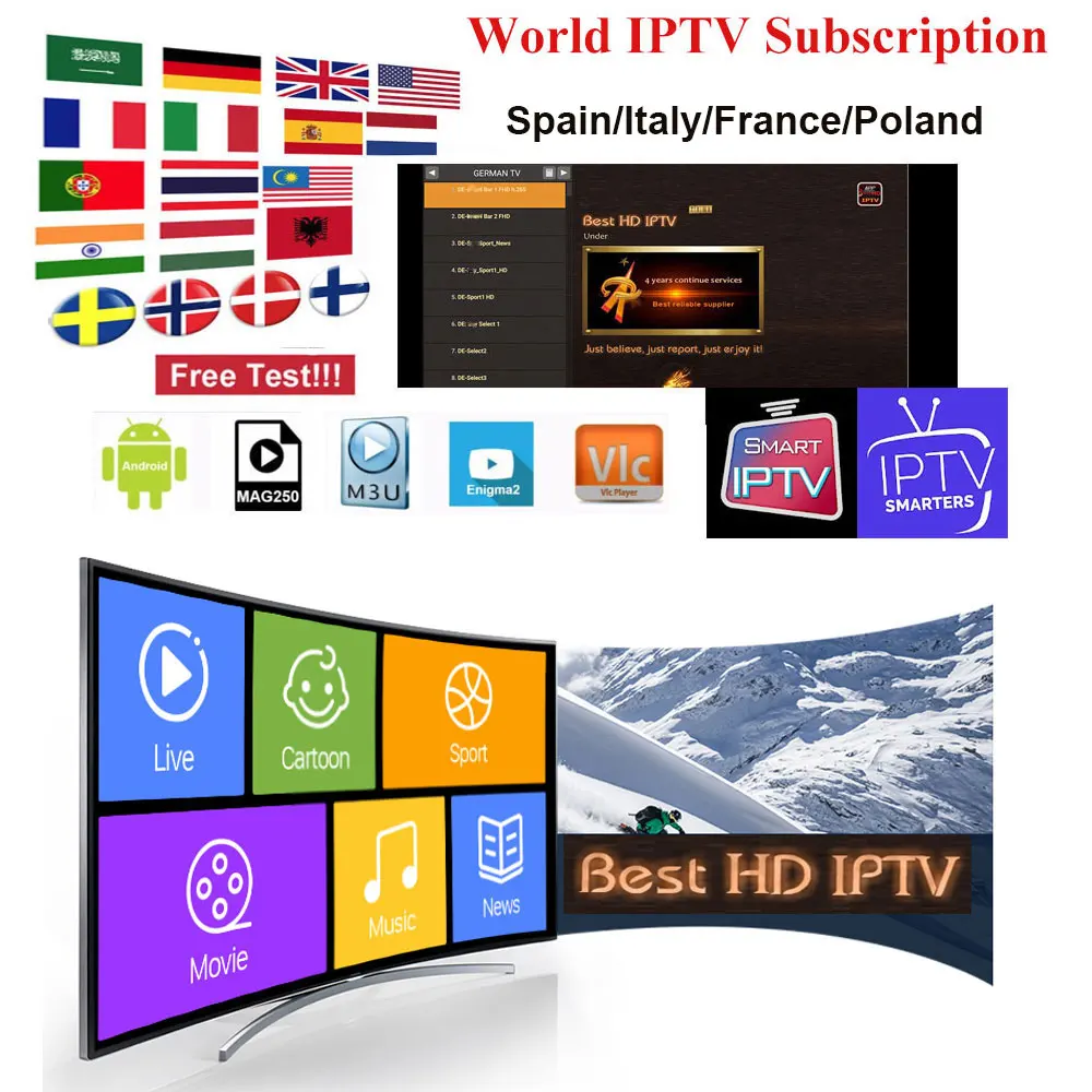 1 год Ip tv Италия M3U подписка Испания Польша Франция Live tv HD фильмы Спорт для Android Smart iptv-приставка Smarters enigma2