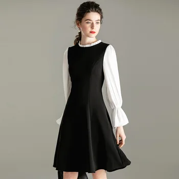 

Dress Fashion Women 2020 Spring Autumn OL Ruffled Collar Long sleeve Patchwork Slim waist Knee Length A Line Dress Yellow Black