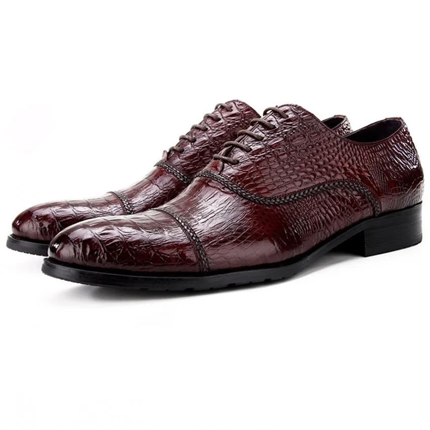 

Men Luxury Genuine Upper Grain Leather Top Layer Cowhide Crocodile Pattern Pointed Toe Lace -Up Italy Style Last Male Shoes
