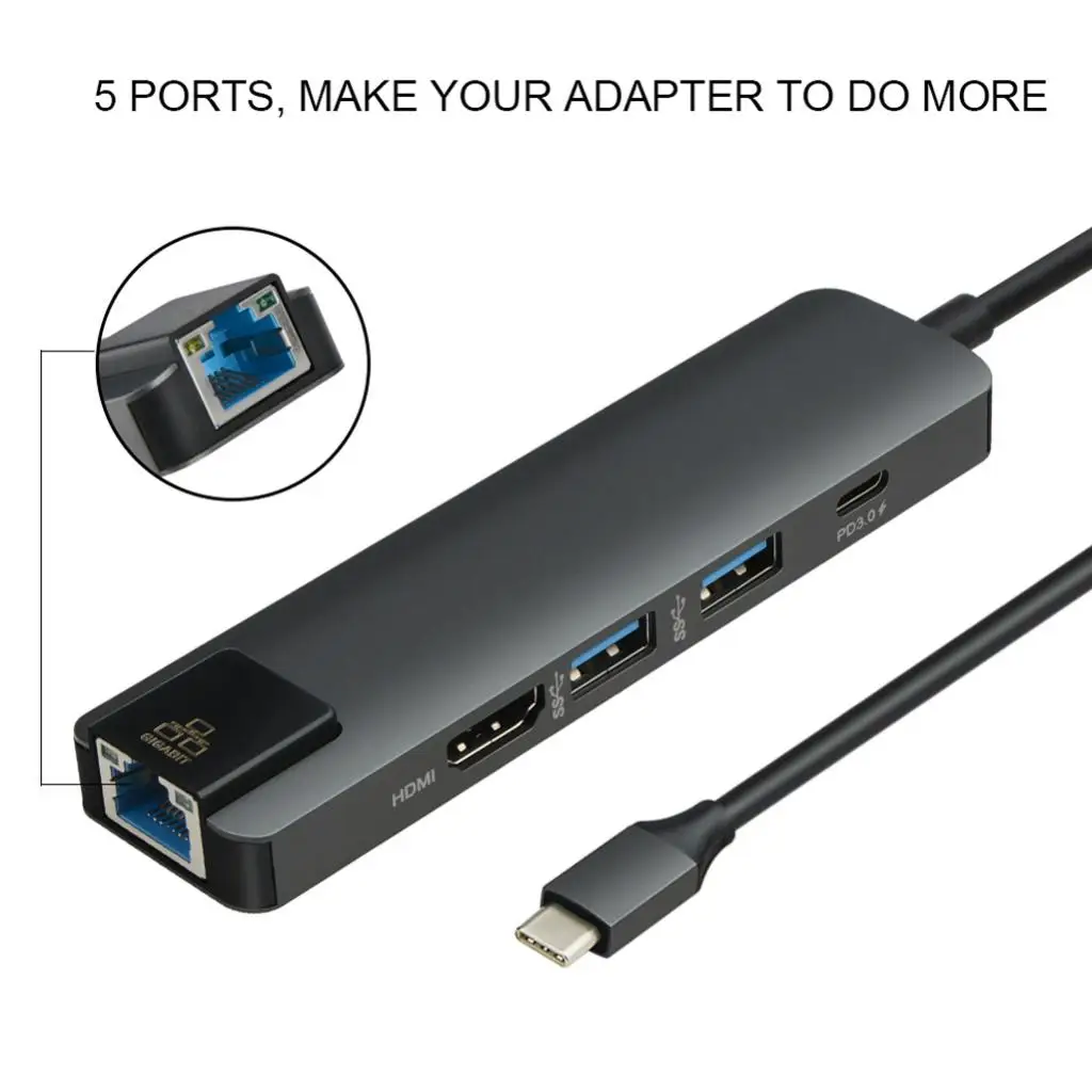 5 в 1 usb type C концентратор, USB C к Hdmi 4K& Gigabit Ethernet Rj45 LAN адаптер для MacBook, серый