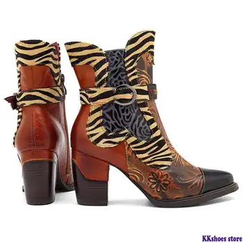

Retro Printed Cowgirl Ankle Boots Women Spring Patchwork Horsehair Genuine Leather Women Boots Shoes Woman Zipper Booties