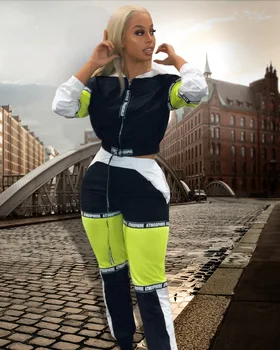 

2019 New Fashion Sporty Women's Tracksuit Hooded Short Jackets Letter Splicing Long Pants Suits Two Piece Set Outfit