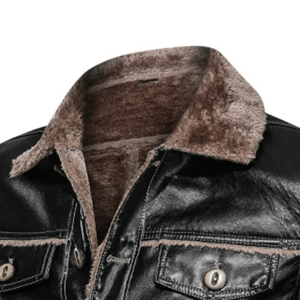 men's fashion winter jacket куртка мужская пуховик Men's Autumn Winter Vintage Turn-down Collar Solid Imitation Leather Coat