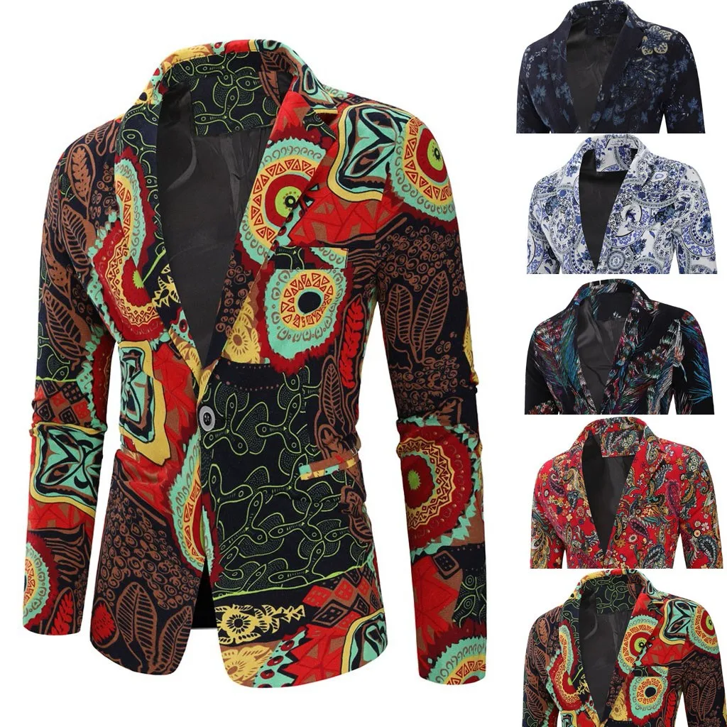 KLV new arrivel male formal clothes Mens Vintage Ethnic Printed Dress Floral Suit Slim Fit Blazer jackets#726 футболка