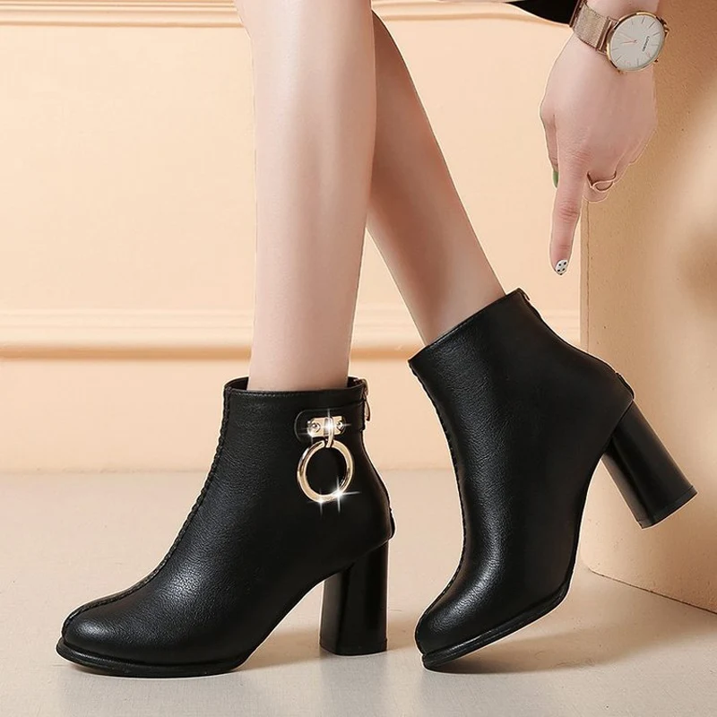 E TOY WORD High-heeled Booties 2019 Autumn New Women Ankle Boots round head Martin boots fashion leather shoes thick heel boots