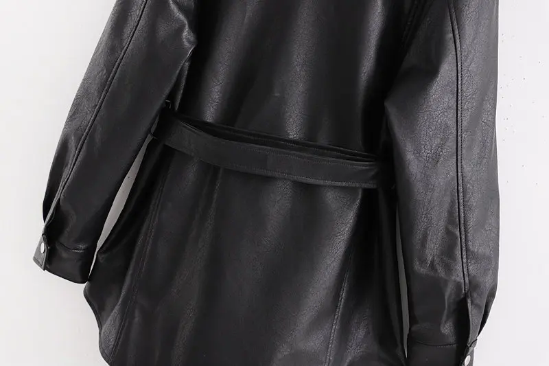 Faux Leather Jackets Women Fashion PU Black Coat Elegant Belt Waist Pockets Buttons Female Coats Streetwear Ladies Jackets