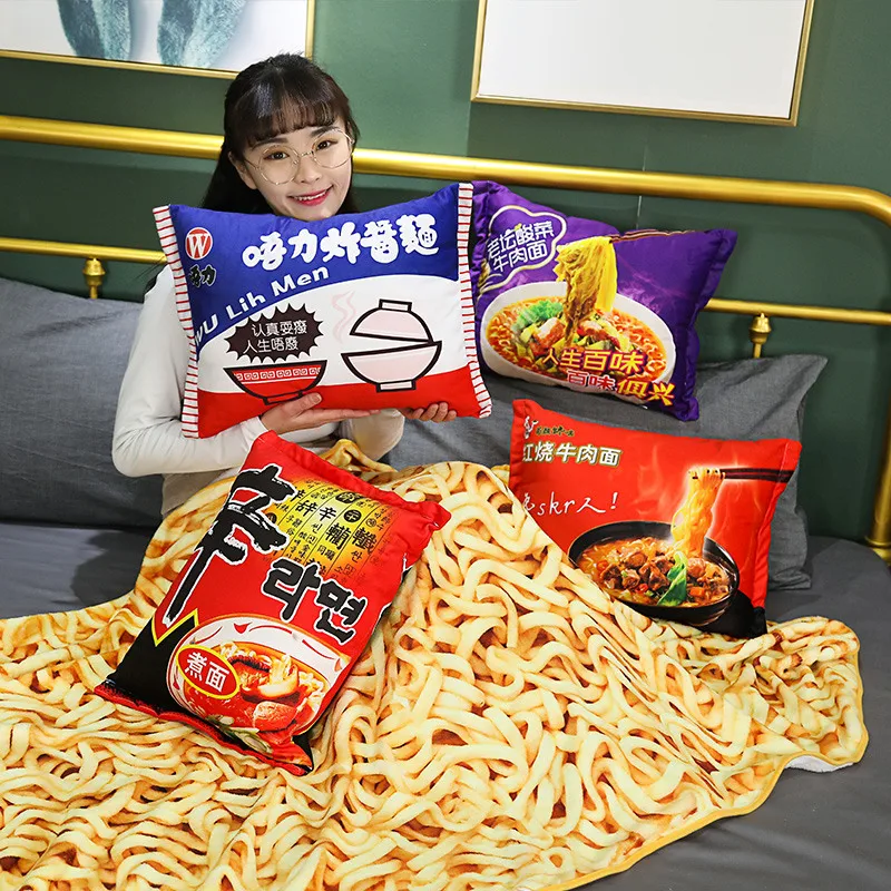 Cartton Pillow With Blanket Stuffed Gifts Cloth Cushion Food Doll Cute Simulation Beef Fried Instant Noodles Plush Toys