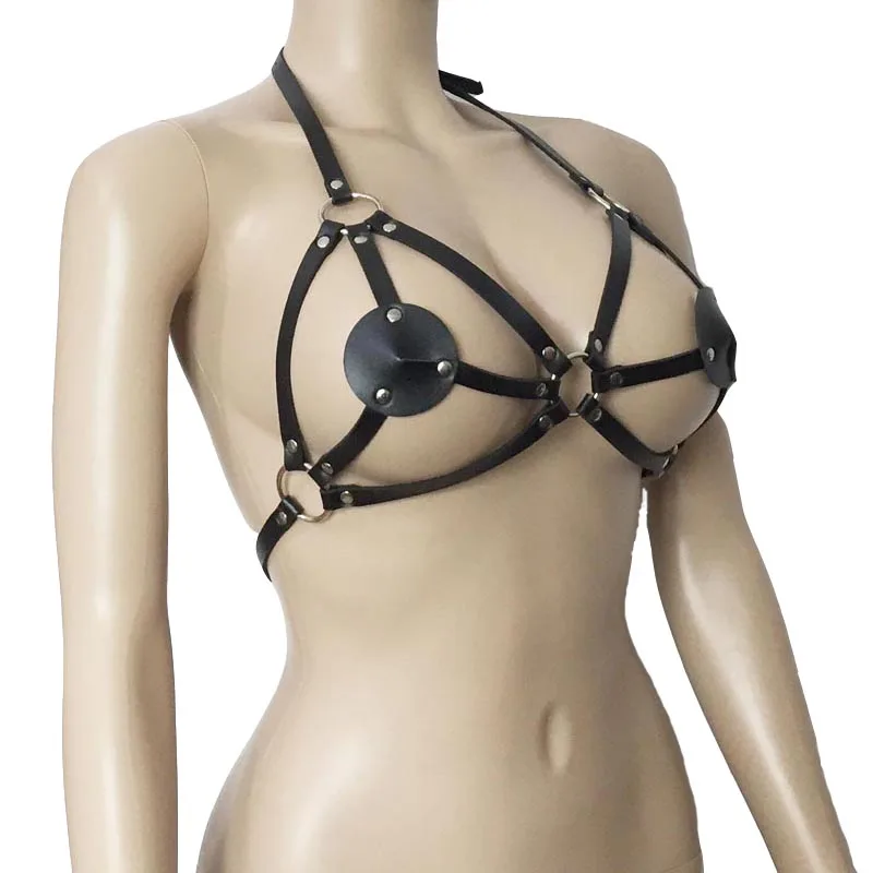 Black Women PU Leather Straps Breast Harness Bra Top Halter Open Cup Punk Fetish Wear