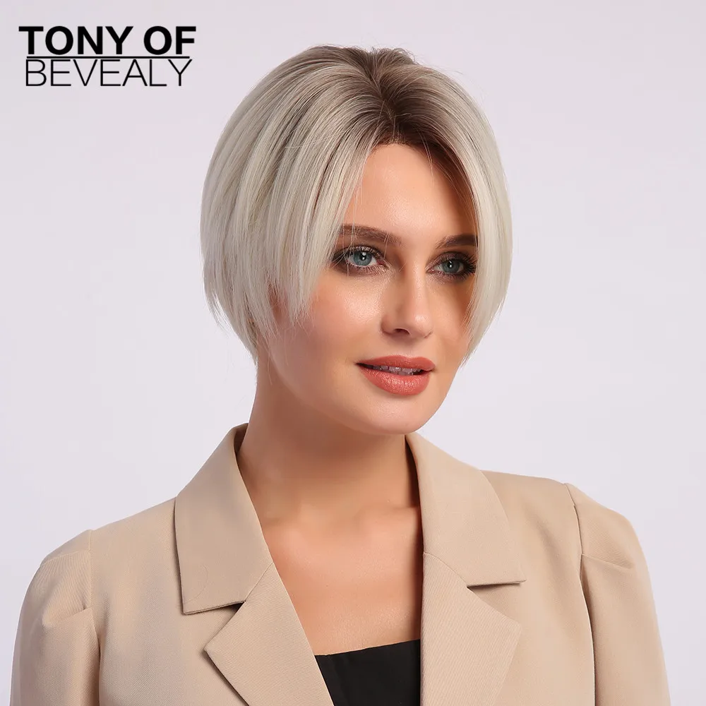 

Short Straight Ombre Light Blonde Hair Wigs Hairline Part Lace Wigs for Women Daily Natural Wigs Heat Resistant Synthetic Wigs