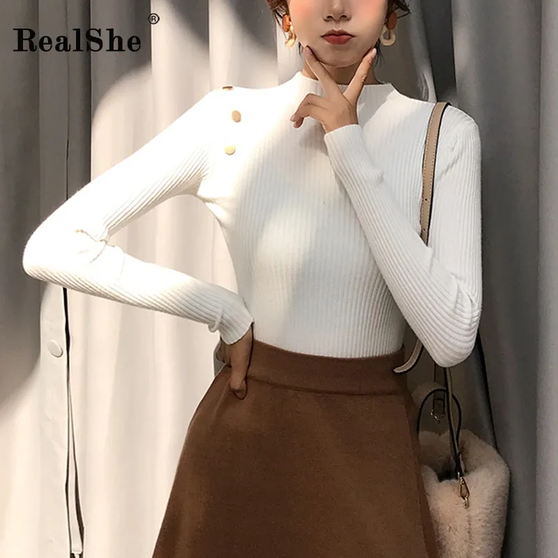 

RealShe Sweater Women 2019 O-neck Full Sleeve Buttons Solid Slim Sweaters For Women Casual Computer Knitted Sweaters Ladies