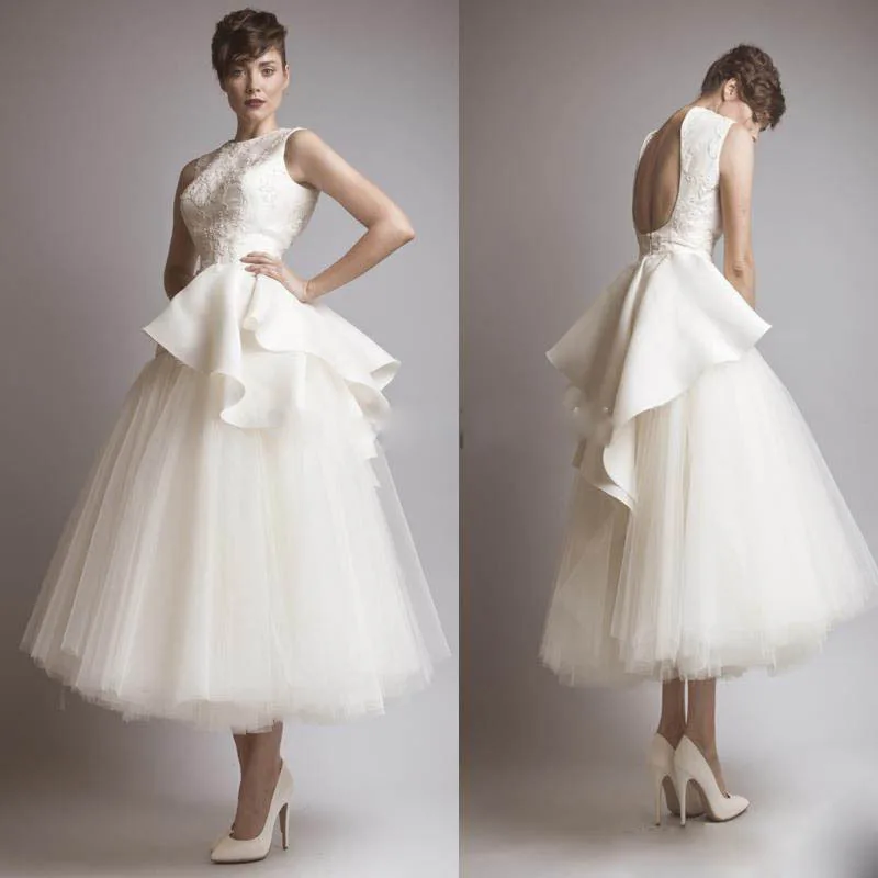 Vestido de noiva ТРАПЕЦИЕВИДНОЕ платье длиной до середины икры с открытой спиной и аппликацией, с рюшами, Тюлевое свадебное платье без рукавов, платья для матери невесты