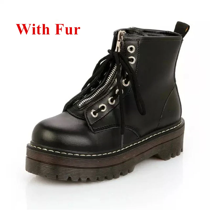 Black With Fur New Women Boots Winter Shoes Women Platform Boots Motorcycle Ankle Boots Leather Shoes Woman For Martin Boots Ladies Botas Mujer - Цвет: Black With Fur