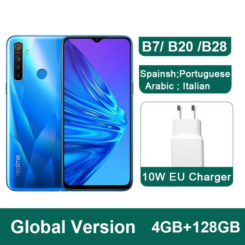 Глобальная версия realme 5 3GB 64GB 6,5 ''мобильный телефон Snapdragon 665 Восьмиядерный четырехъядерный мобильный телефон 5000mAh VOOC 10W быстрое зарядное устройство - Цвет: 4GB 128GB Blue