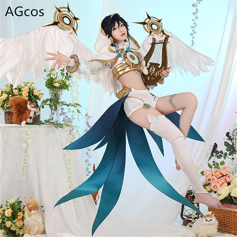 AGCOS 게임 원신 임팩트 바바토스 벤티 코믹 버전 코스프레 코스튬, 여성 크리스마스 선물 의상, 상의 및 반바지