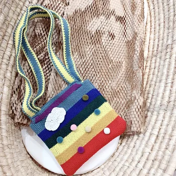 

EnkeliBB Kids Rainbow Color Bag Super Cute Girl Knitted Pop Corn Bag