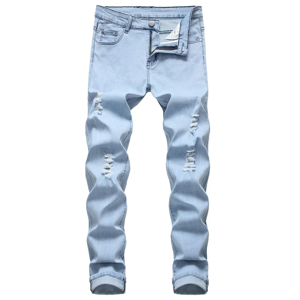 Для мужчин новые модные рваные Slim Fit молнии эластичные джинсовые штаны Для мужчин тянущиеся женские тонкие джинсы