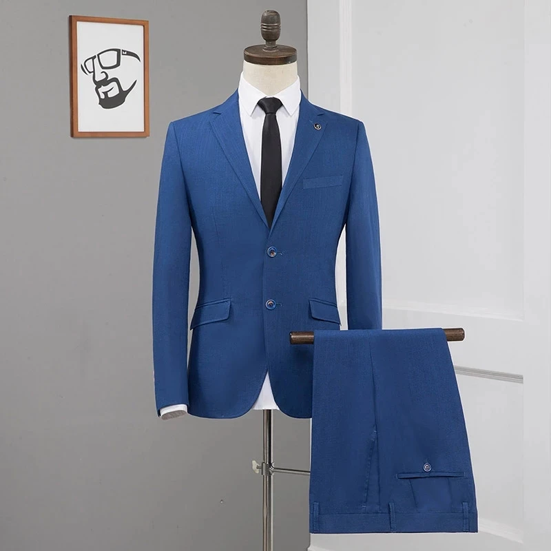Men's Suits 2 Pieces Blue Solid Single Row Two Buttons Polyester Lapel For Casual Business Suit Slim Fit Male Blazer+Trousers | Мужская